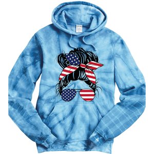 Messy Bun Usa Flag Glasses American Flag American Girl Tie Dye Hoodie