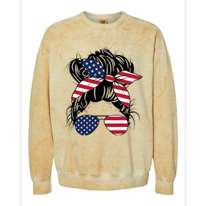 Messy Bun Usa Flag Glasses American Flag American Girl Colorblast Crewneck Sweatshirt