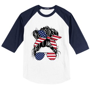 Messy Bun Usa Flag Glasses American Flag American Girl Baseball Sleeve Shirt