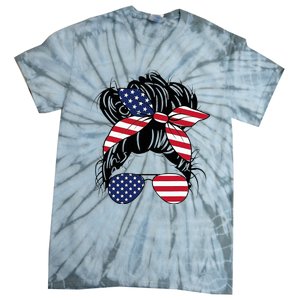 Messy Bun Usa Flag Glasses American Flag American Girl Tie-Dye T-Shirt