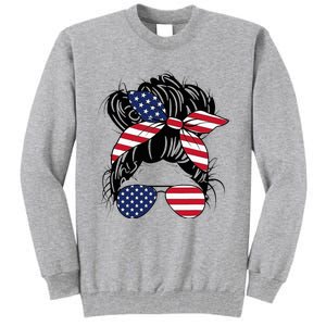 Messy Bun Usa Flag Glasses American Flag American Girl Tall Sweatshirt