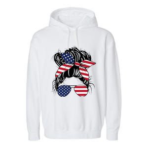 Messy Bun Usa Flag Glasses American Flag American Girl Garment-Dyed Fleece Hoodie