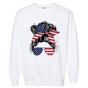 Messy Bun Usa Flag Glasses American Flag American Girl Garment-Dyed Sweatshirt