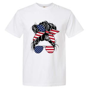 Messy Bun Usa Flag Glasses American Flag American Girl Garment-Dyed Heavyweight T-Shirt