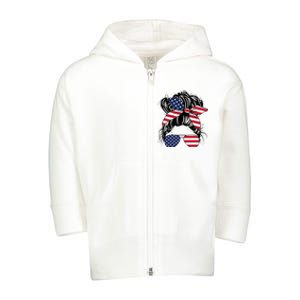 Messy Bun Usa Flag Glasses American Flag American Girl Toddler Zip Fleece Hoodie