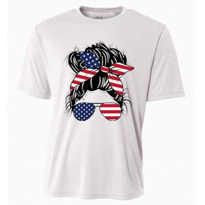 Messy Bun Usa Flag Glasses American Flag American Girl Cooling Performance Crew T-Shirt