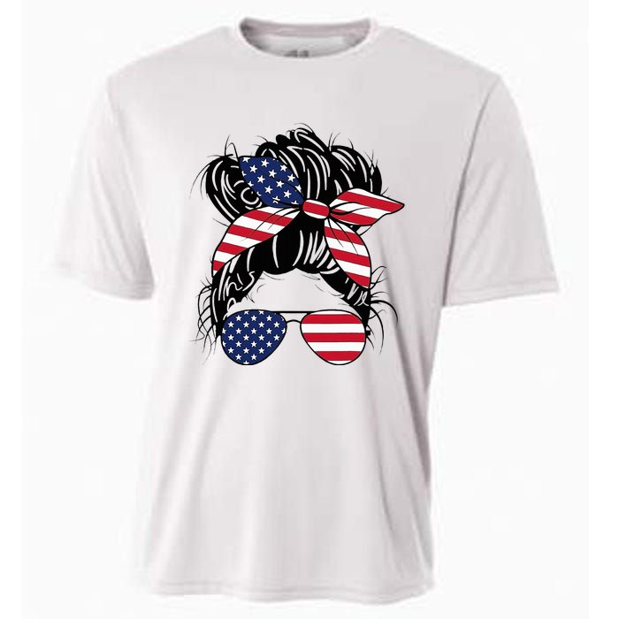 Messy Bun Usa Flag Glasses American Flag American Girl Cooling Performance Crew T-Shirt