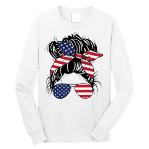 Messy Bun Usa Flag Glasses American Flag American Girl Long Sleeve Shirt