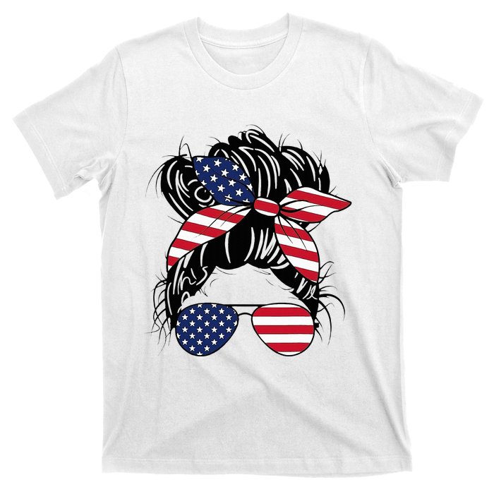 Messy Bun Usa Flag Glasses American Flag American Girl T-Shirt