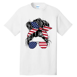 Messy Bun Usa Flag Glasses American Flag American Girl Tall T-Shirt