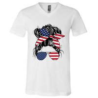 Messy Bun Usa Flag Glasses American Flag American Girl V-Neck T-Shirt