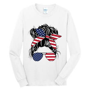 Messy Bun Usa Flag Glasses American Flag American Girl Tall Long Sleeve T-Shirt