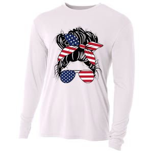 Messy Bun Usa Flag Glasses American Flag American Girl Cooling Performance Long Sleeve Crew