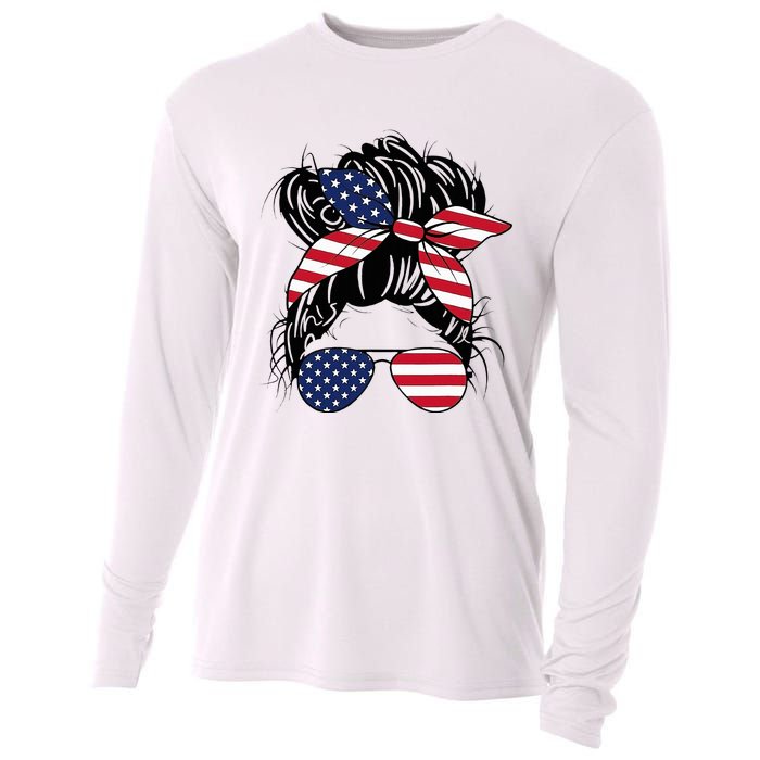 Messy Bun Usa Flag Glasses American Flag American Girl Cooling Performance Long Sleeve Crew