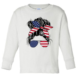 Messy Bun Usa Flag Glasses American Flag American Girl Toddler Long Sleeve Shirt