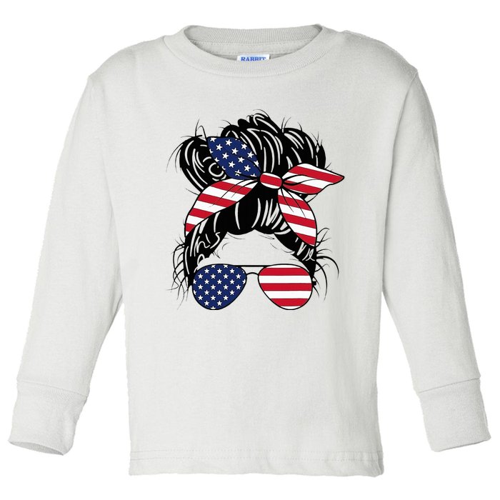 Messy Bun Usa Flag Glasses American Flag American Girl Toddler Long Sleeve Shirt