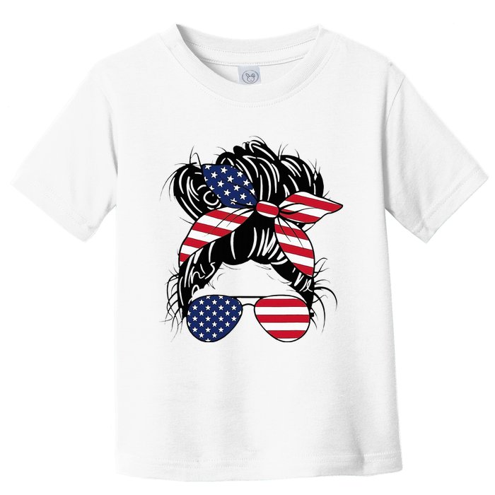 Messy Bun Usa Flag Glasses American Flag American Girl Toddler T-Shirt