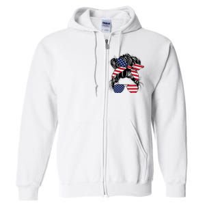 Messy Bun Usa Flag Glasses American Flag American Girl Full Zip Hoodie