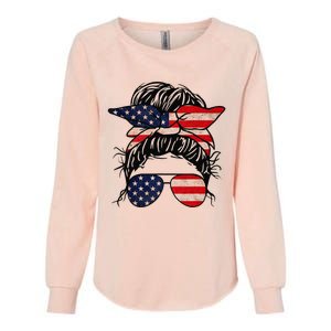 Messy Bun USA Flag Glasses 4th Of July Patriotic Womens California Wash Sweatshirt