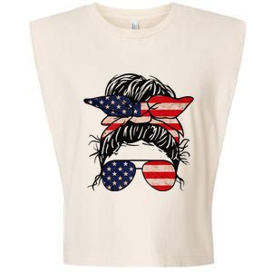 Messy Bun USA Flag Glasses 4th Of July Patriotic Garment-Dyed Women's Muscle Tee