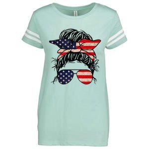 Messy Bun USA Flag Glasses 4th Of July Patriotic Enza Ladies Jersey Football T-Shirt