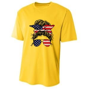 Messy Bun USA Flag Glasses 4th Of July Patriotic Youth Performance Sprint T-Shirt