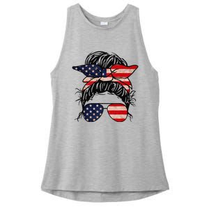 Messy Bun USA Flag Glasses 4th Of July Patriotic Ladies PosiCharge Tri-Blend Wicking Tank