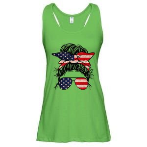 Messy Bun USA Flag Glasses 4th Of July Patriotic Ladies Essential Flowy Tank