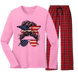 Messy Bun USA Flag Glasses 4th Of July Patriotic Women's Long Sleeve Flannel Pajama Set 