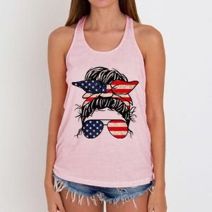 Messy Bun USA Flag Glasses 4th Of July Patriotic Women's Knotted Racerback Tank