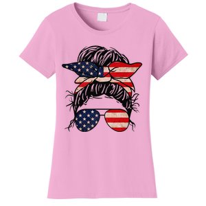 Messy Bun USA Flag Glasses 4th Of July Patriotic Women's T-Shirt