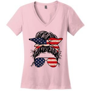 Messy Bun USA Flag Glasses 4th Of July Patriotic Women's V-Neck T-Shirt