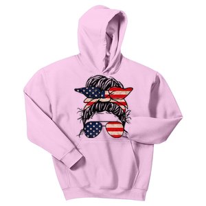 Messy Bun USA Flag Glasses 4th Of July Patriotic Kids Hoodie