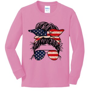 Messy Bun USA Flag Glasses 4th Of July Patriotic Kids Long Sleeve Shirt