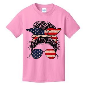 Messy Bun USA Flag Glasses 4th Of July Patriotic Kids T-Shirt