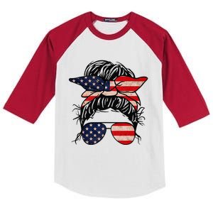 Messy Bun USA Flag Glasses 4th Of July Patriotic Kids Colorblock Raglan Jersey