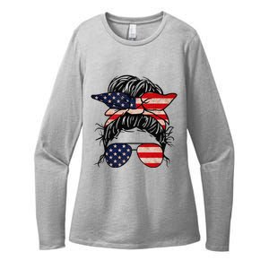 Messy Bun USA Flag Glasses 4th Of July Patriotic Womens CVC Long Sleeve Shirt