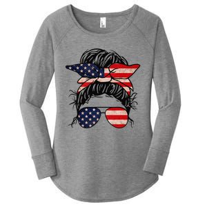 Messy Bun USA Flag Glasses 4th Of July Patriotic Women's Perfect Tri Tunic Long Sleeve Shirt