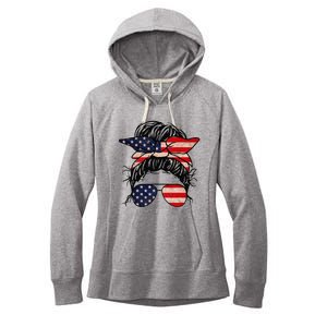 Messy Bun USA Flag Glasses 4th Of July Patriotic Women's Fleece Hoodie