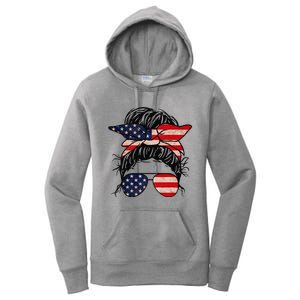 Messy Bun USA Flag Glasses 4th Of July Patriotic Women's Pullover Hoodie