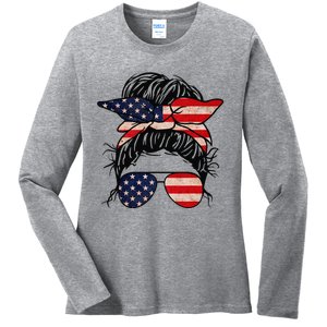 Messy Bun USA Flag Glasses 4th Of July Patriotic Ladies Long Sleeve Shirt