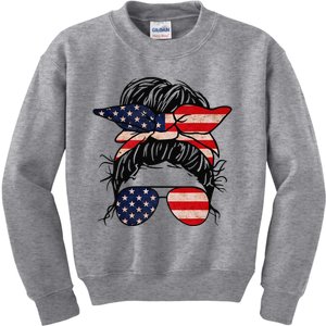 Messy Bun USA Flag Glasses 4th Of July Patriotic Kids Sweatshirt