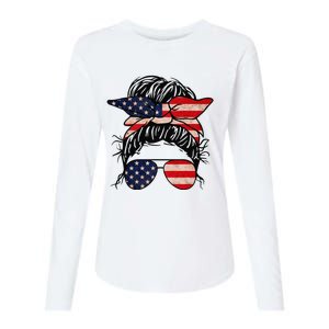 Messy Bun USA Flag Glasses 4th Of July Patriotic Womens Cotton Relaxed Long Sleeve T-Shirt