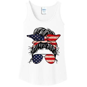 Messy Bun USA Flag Glasses 4th Of July Patriotic Ladies Essential Tank