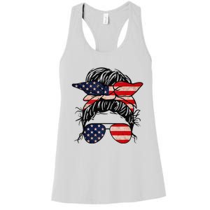 Messy Bun USA Flag Glasses 4th Of July Patriotic Women's Racerback Tank