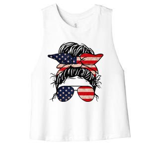 Messy Bun USA Flag Glasses 4th Of July Patriotic Women's Racerback Cropped Tank