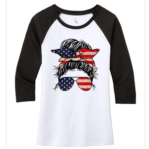 Messy Bun USA Flag Glasses 4th Of July Patriotic Women's Tri-Blend 3/4-Sleeve Raglan Shirt