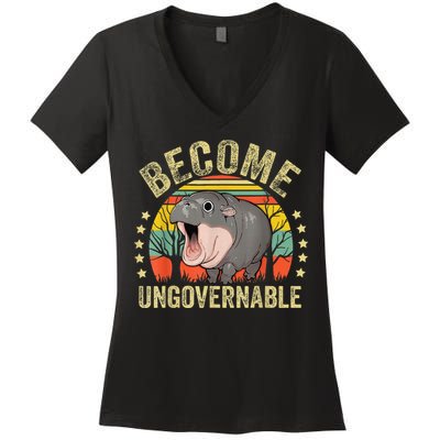 Moodeng Become Ungovernable Funny Baby Hippo Moo Deng Joke Women's V-Neck T-Shirt