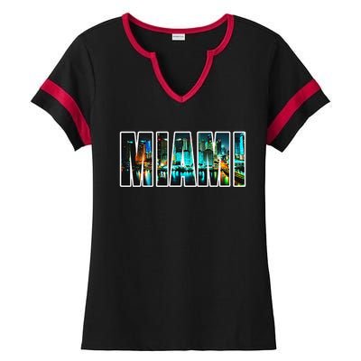 Miami Beach Urban Skyline City By Night Florida Usa Us Ladies Halftime Notch Neck Tee