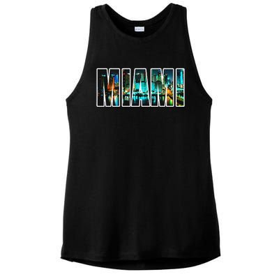 Miami Beach Urban Skyline City By Night Florida Usa Us Ladies PosiCharge Tri-Blend Wicking Tank